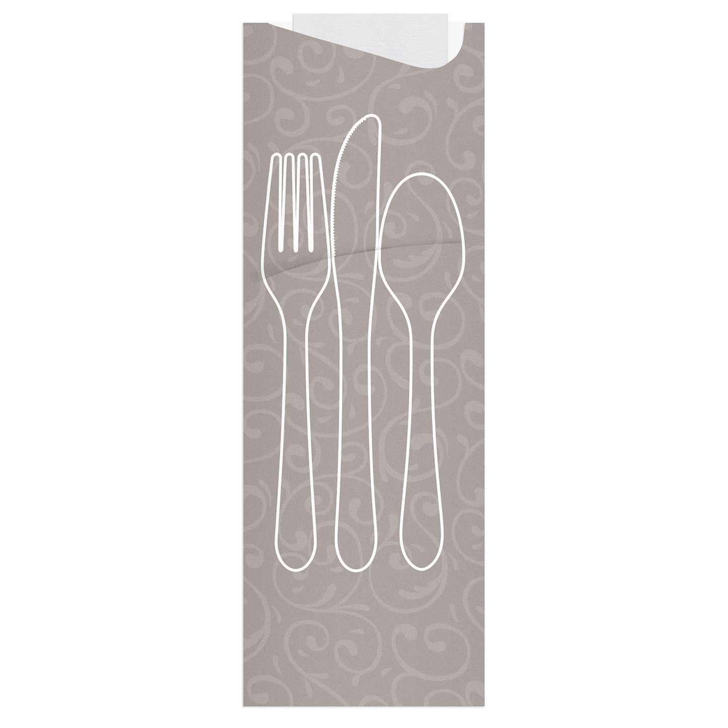Napkin with cutlery design on a gray swirl patterned background