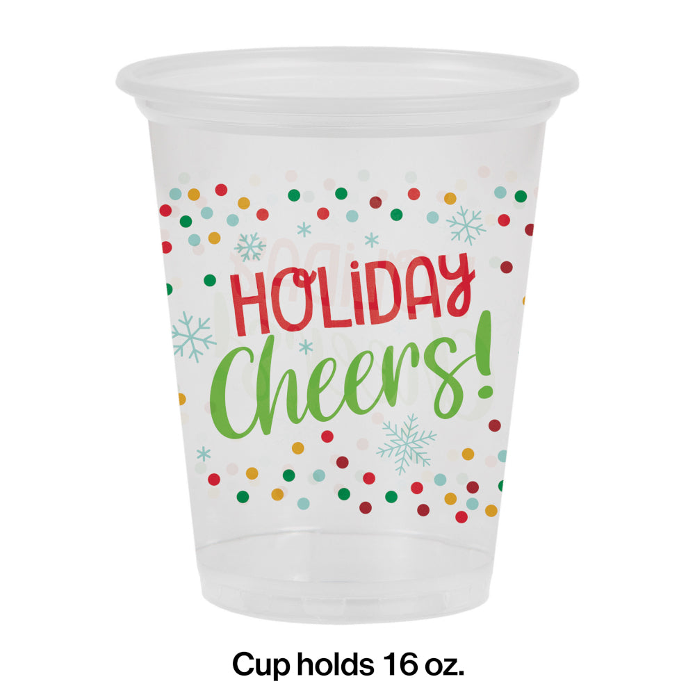 16 oz plastic cup with 'Holiday Cheers', snowflakes and multicolor polka dots. Measurements listed.