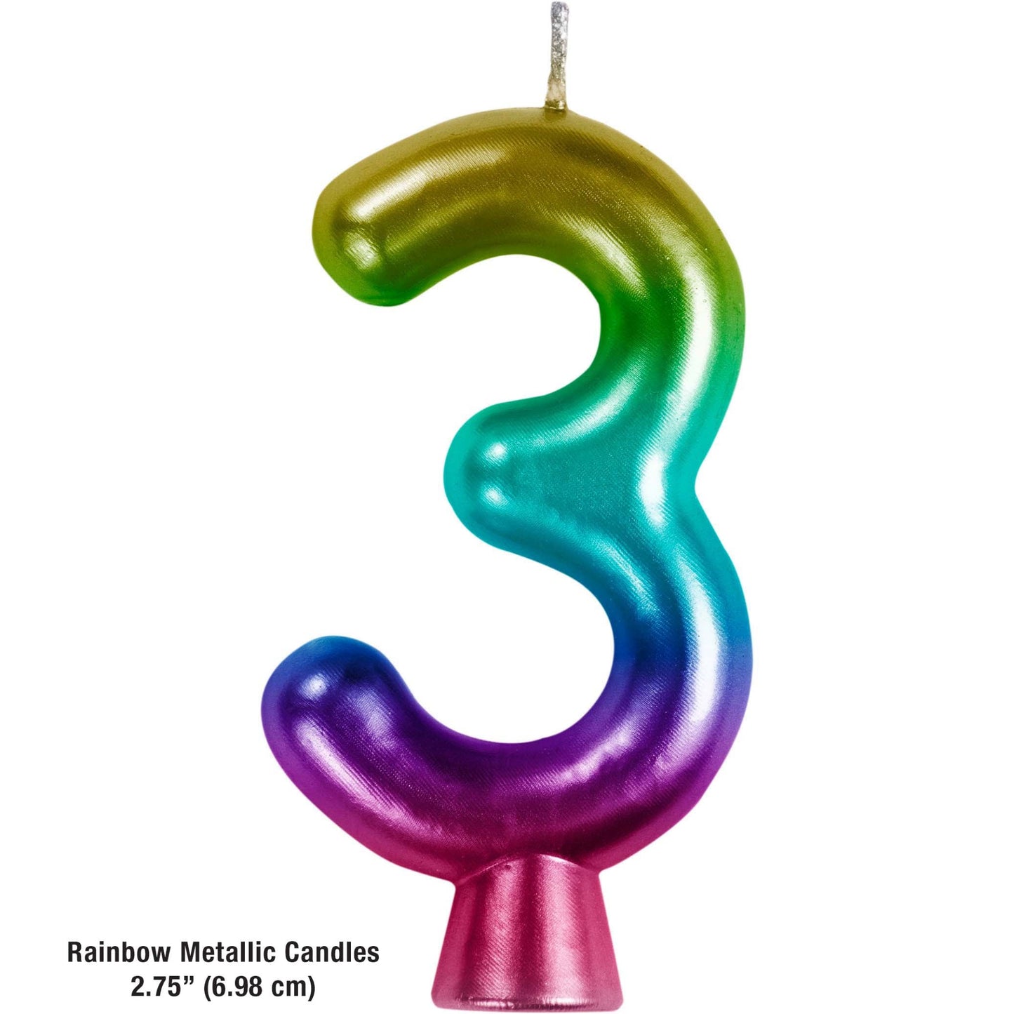 Rainbow Metallic 3 Birthday Candle 12 ct Dimension Image