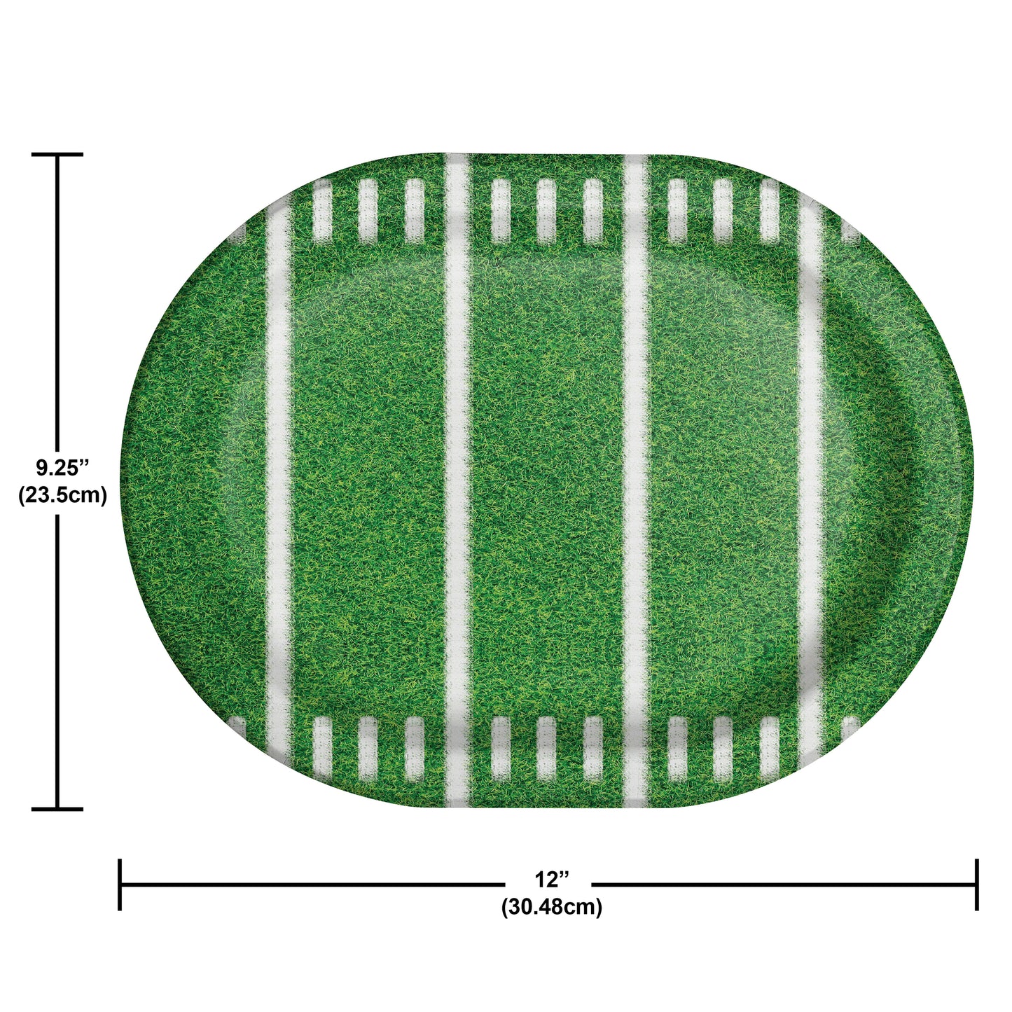 Game Time Oval Football Dinner Paper Plates 96 ct. Green oval plate with white stripes and measurements on a white background