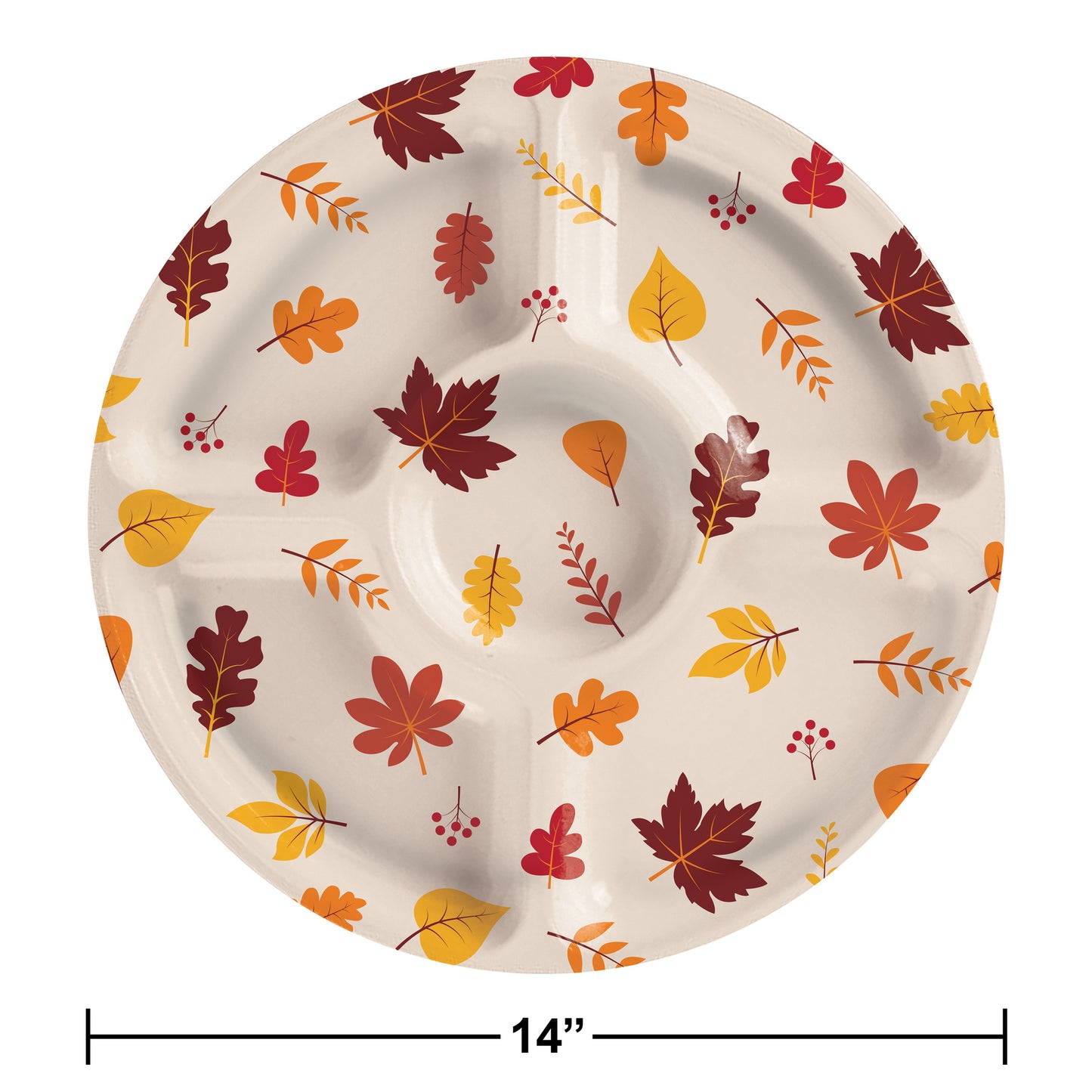 Fall Leaves Plastic Compartment Serving Trays 6 ct. Round plastic divided serving tray with autumn leaf pattern on a white background. Size dimensions included.