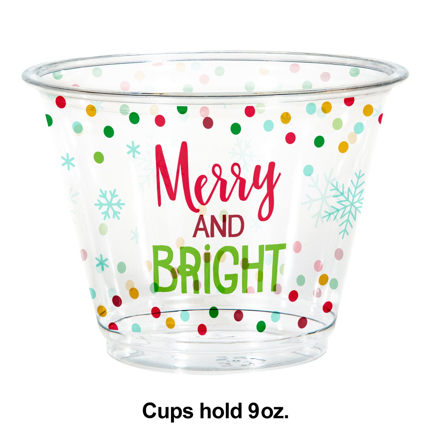 9 oz. plastic tumbler cups with "Merry and Bright" text, snowflakes and multicolor polka dots. Measurements included.