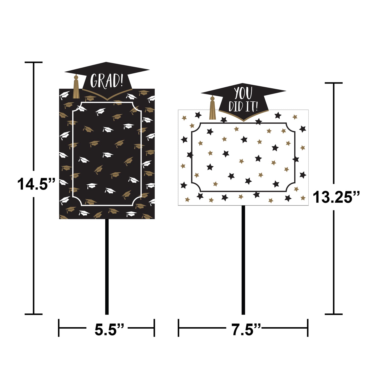 Two graduation-themed signs with dimensions displayed on a white background