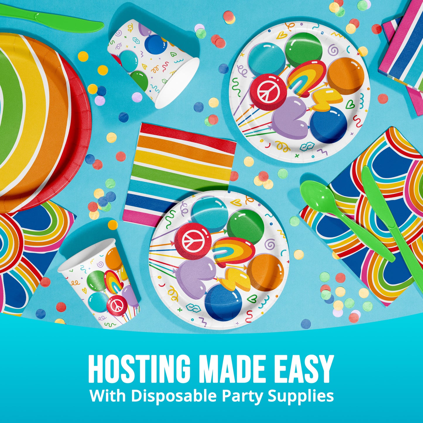 Colorful disposable party supplies including plates, cups, and utensils on a blue background with text 'Hosting Made Easy with Disposable Party Supplies'.