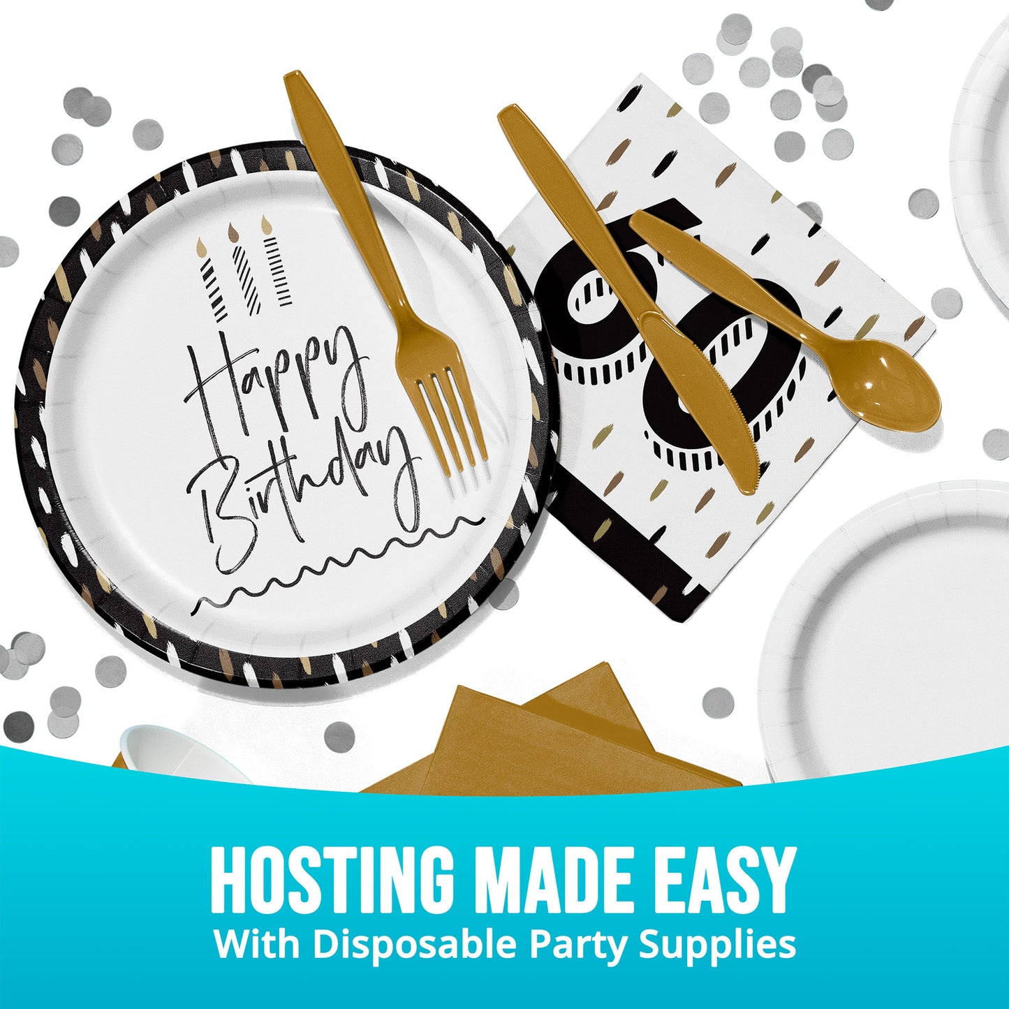 Disposable party supplies including plates, cutlery, and napkins with 'Happy Birthday' and '60' text on a white background.