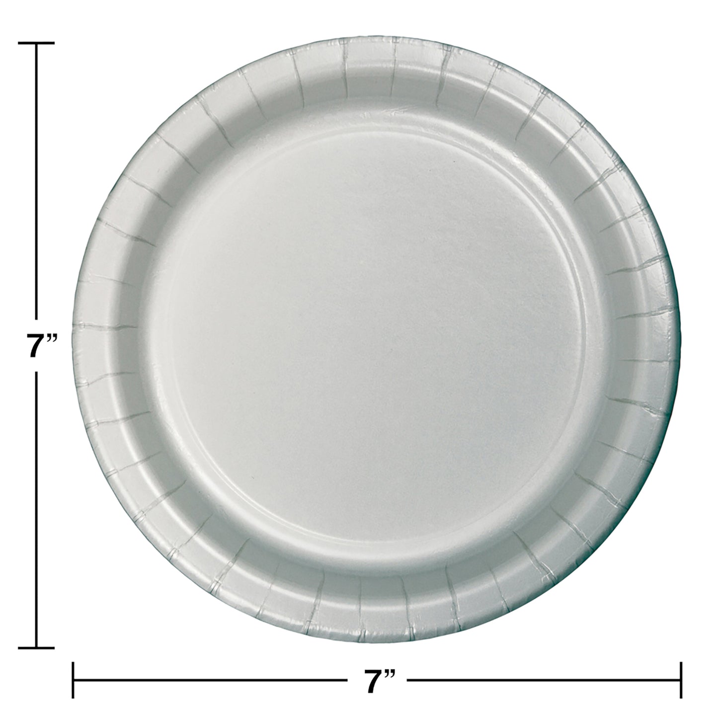 Silver round paper plate with measurement shown