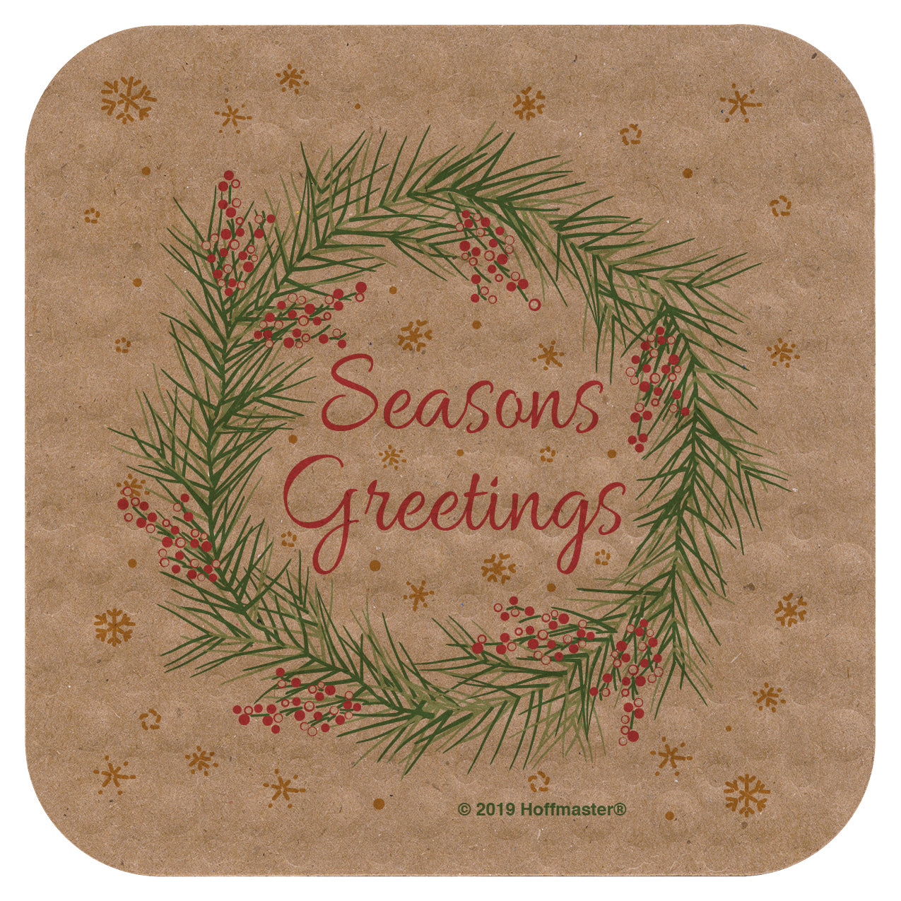 Coaster with Christmas wreath design and 'Seasons Greetings' text on a brown kraft-colored background.