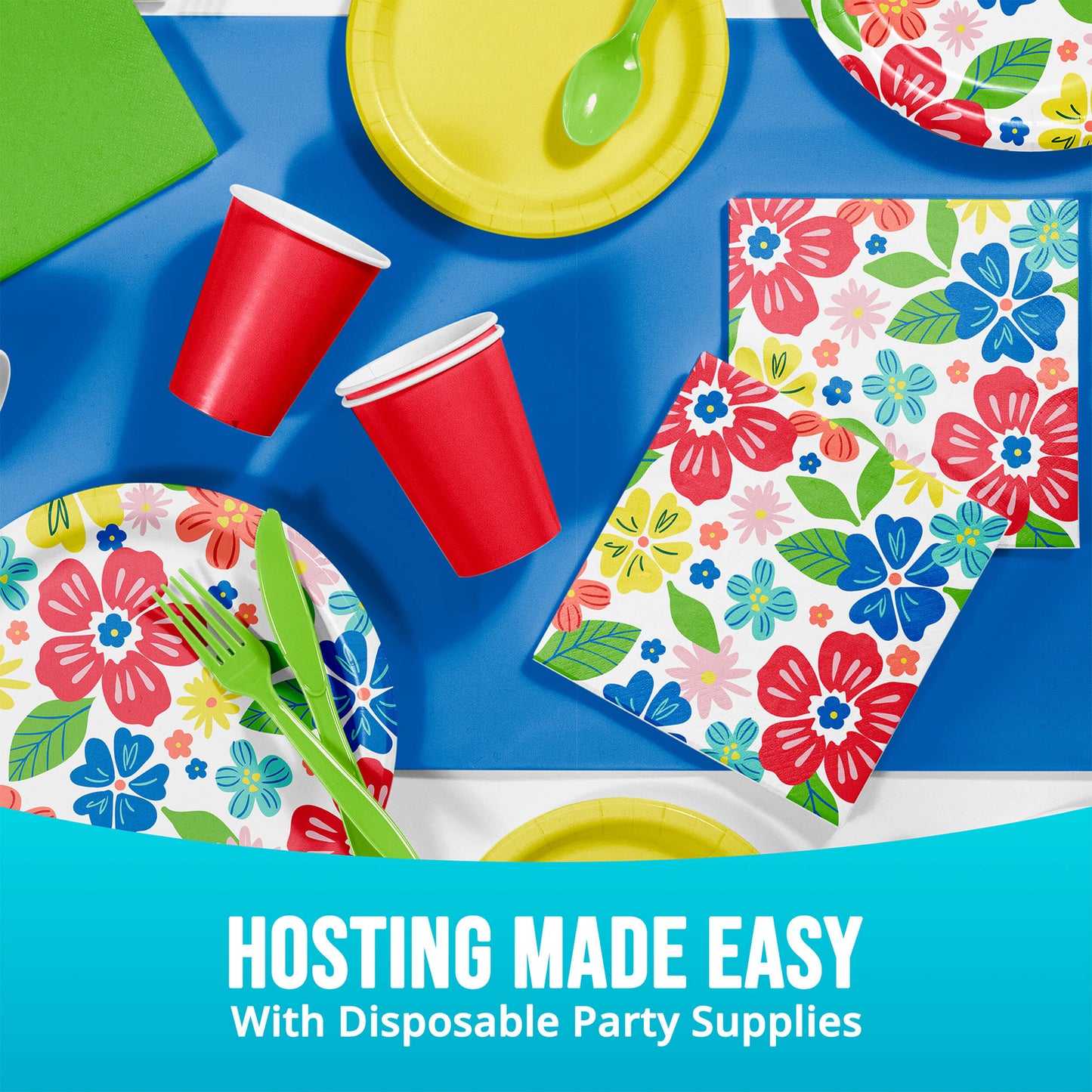Disposable party supplies including red cups, floral plates, and napkins on a blue surface with text 'Hosting Made Easy with Disposable Party Supplies'.