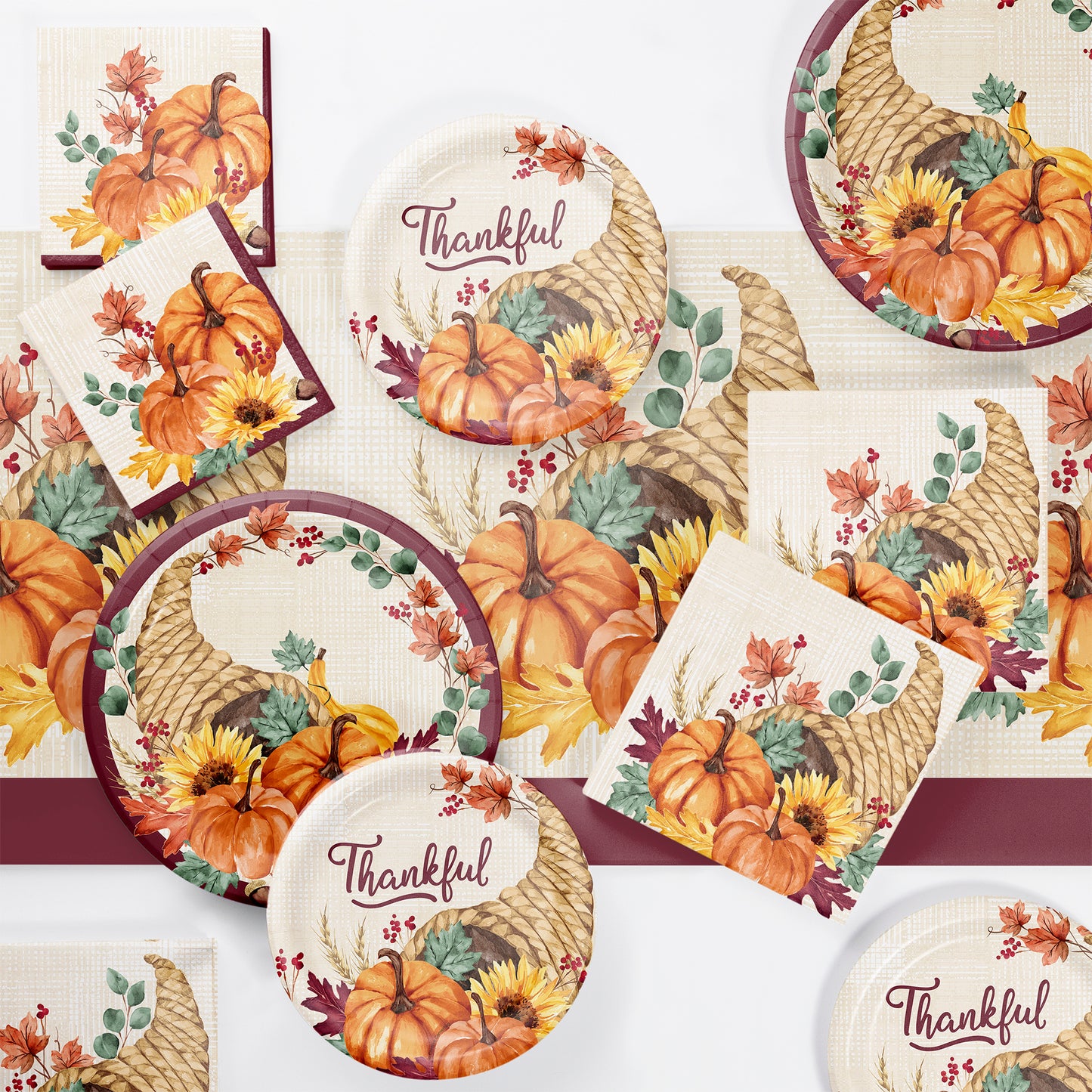 Fall Feast Dinner Paper Plates 96 ct. Thanksgiving-themed tableware set with pumpkins and cornucopias on a white background