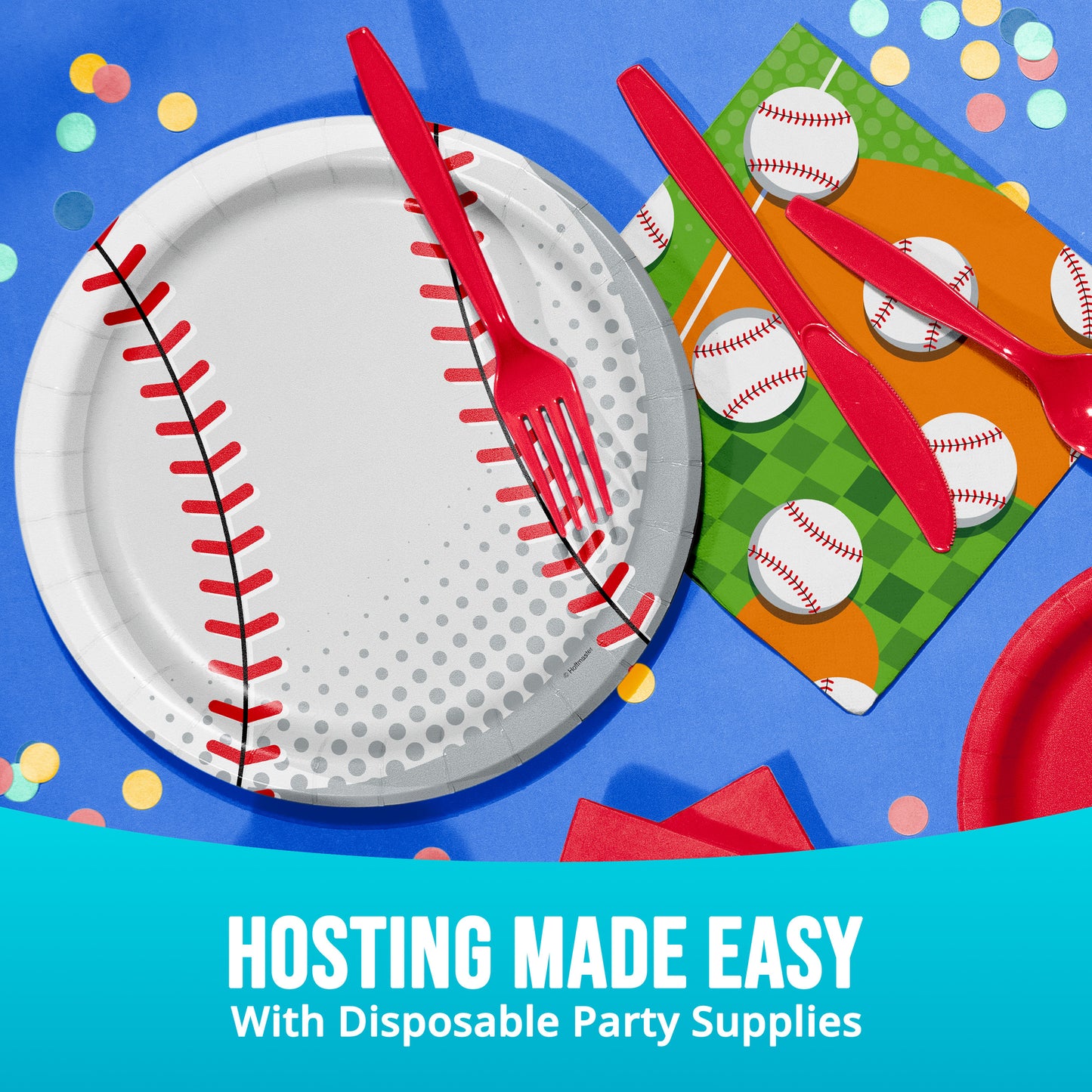 Baseball-themed disposable party supplies including plates, cutlery, and napkins on a blue background with colorful confetti