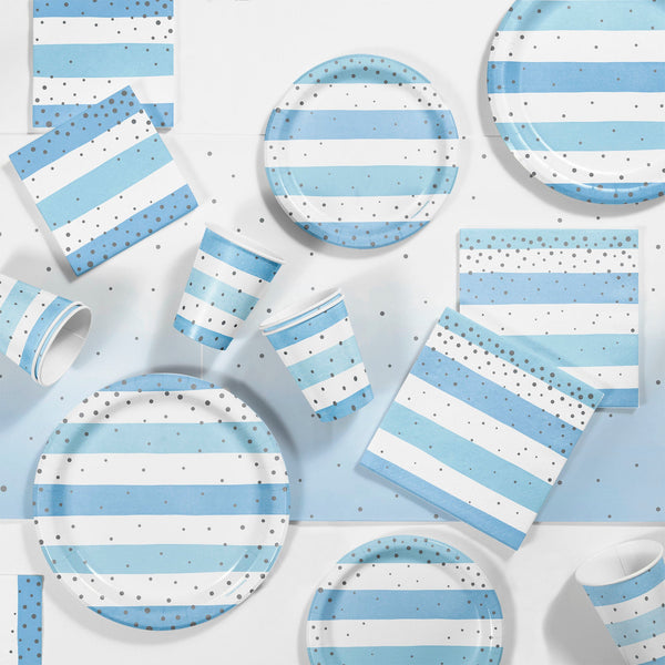 Blue and Silver Celebration Party Supplies displayed on a table