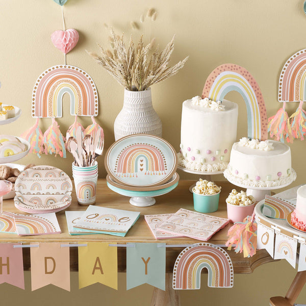 Boho Rainbow Party Supplies displayed on a table