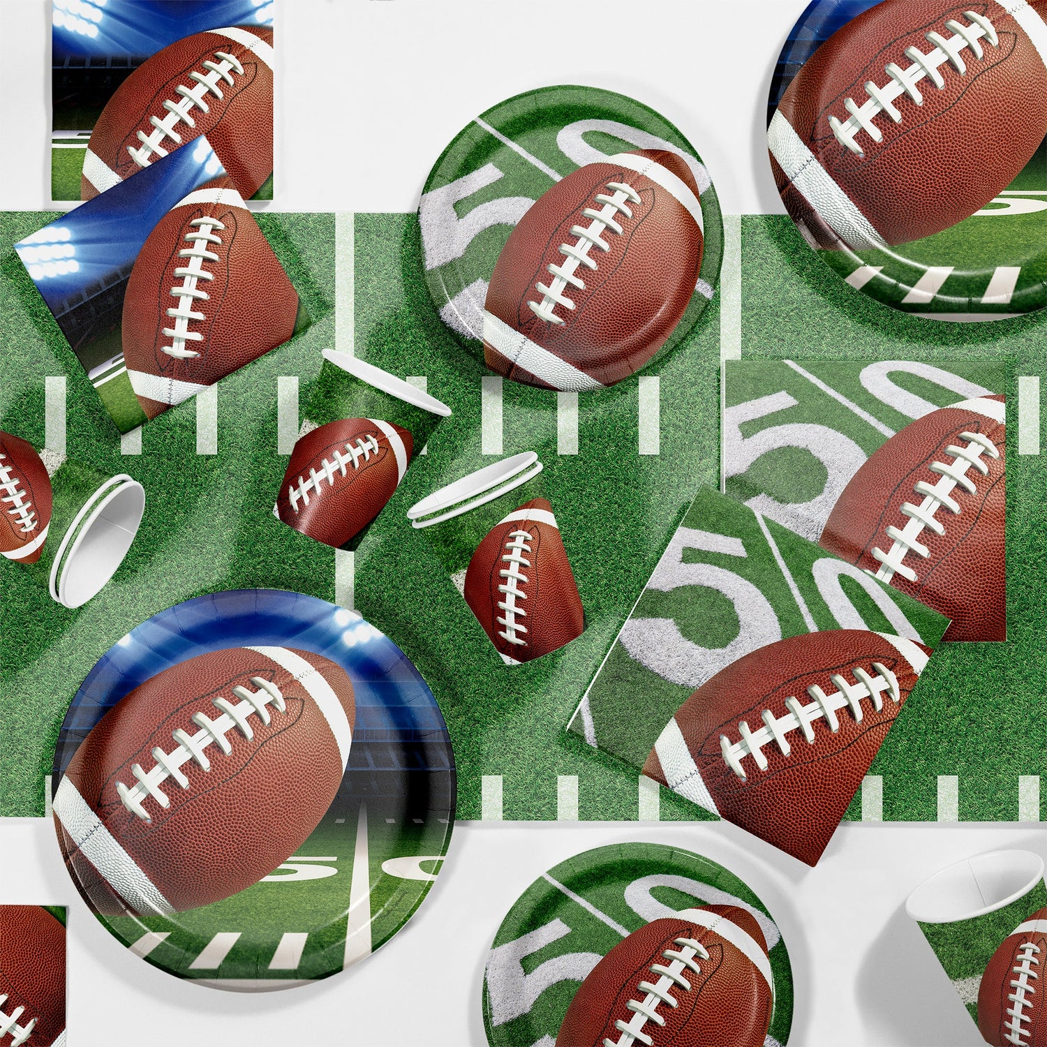Football Party Supplies with a football and football field placed on a table