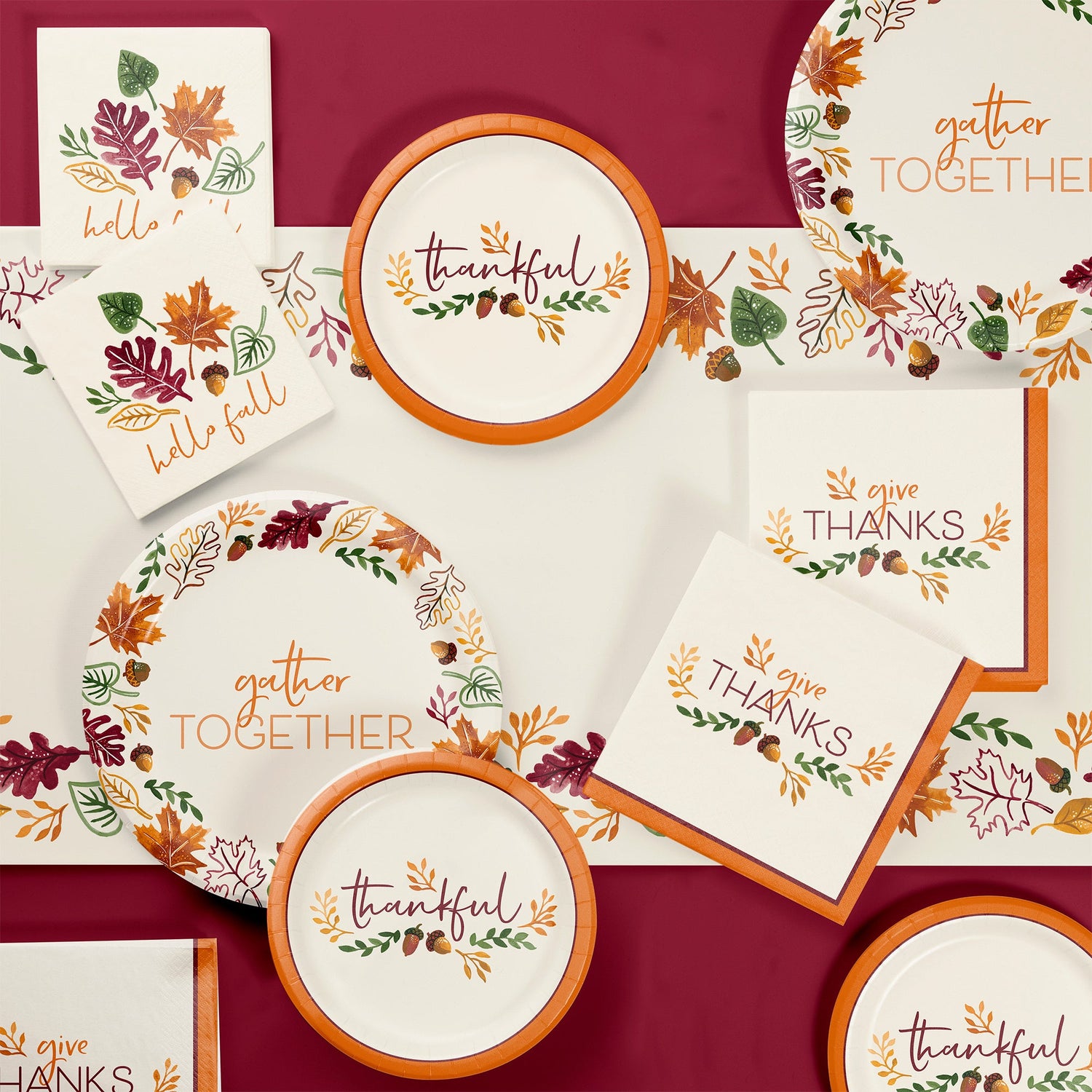 Fall Festivities Party Supplies. Autumn-themed tableware displayed on a table