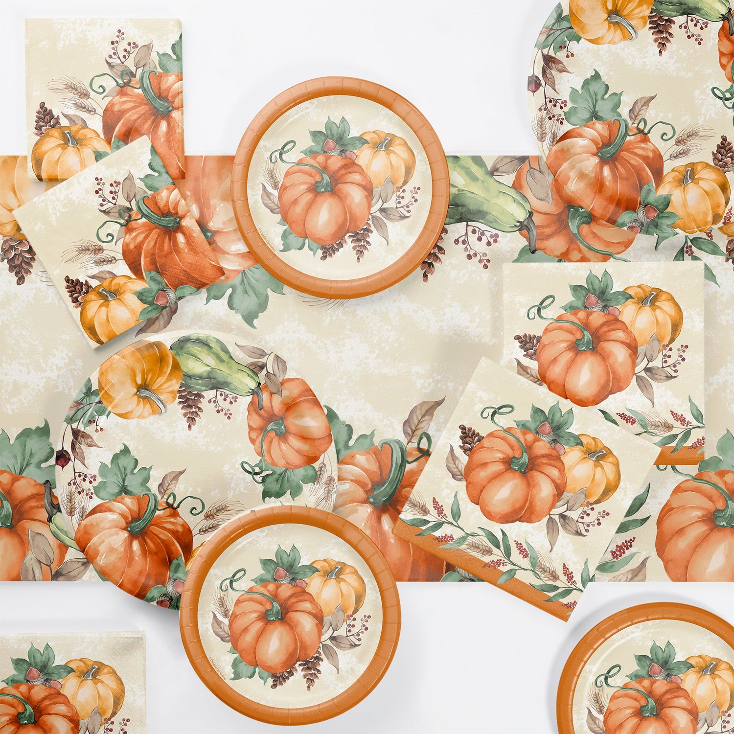 Harvest Delight Party Supplies. Autumn tableware displayed on a table