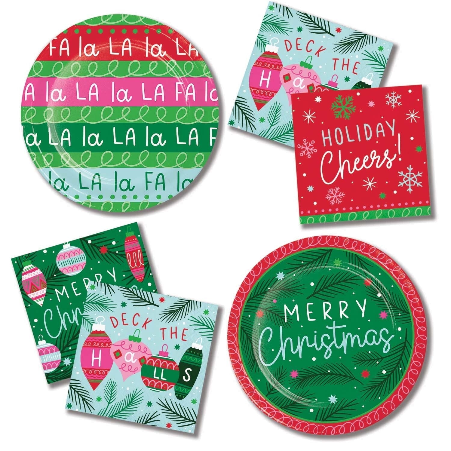 Holiday Frills paper plates and napkins with Christmas text and colored ornaments