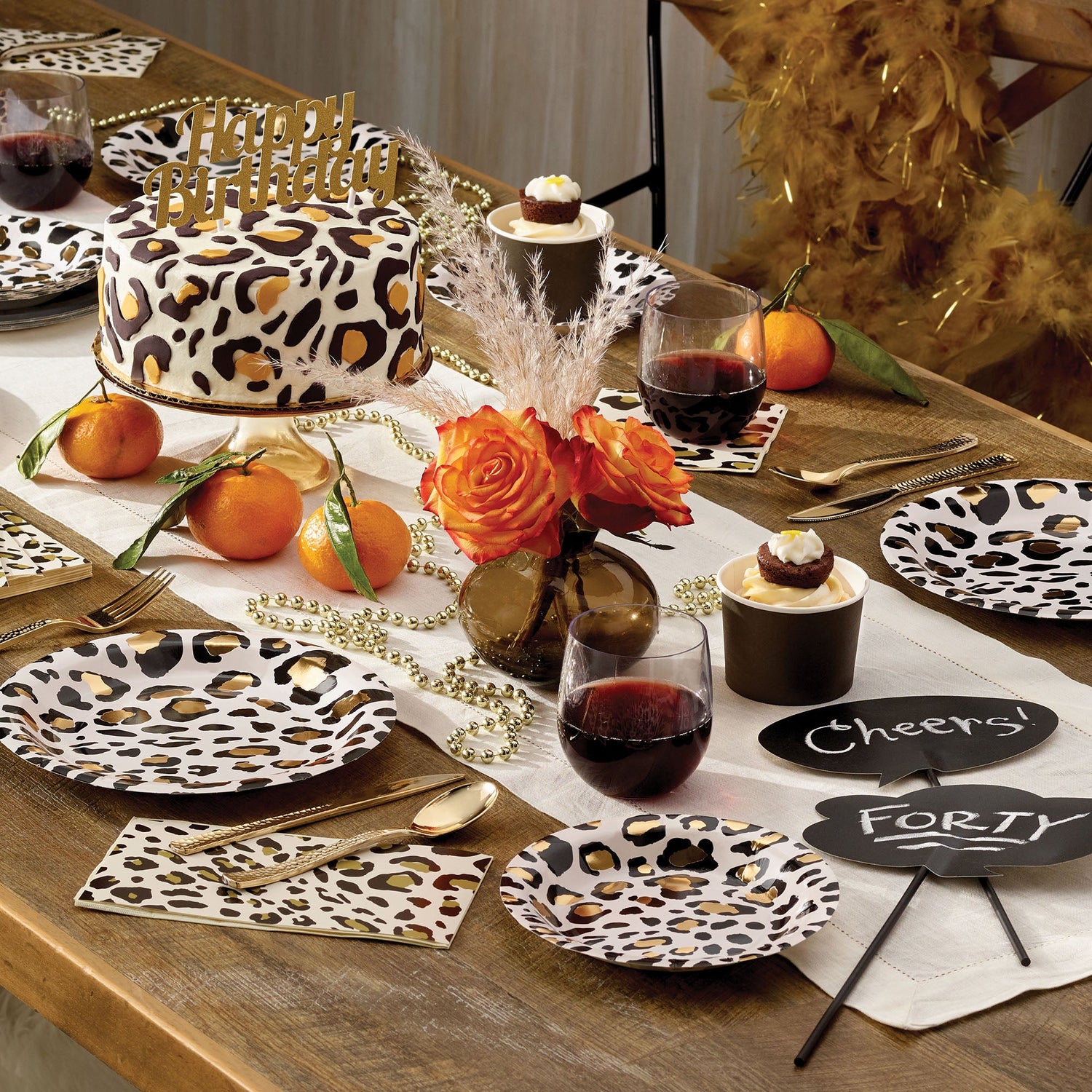 Leopard party supplies on a table