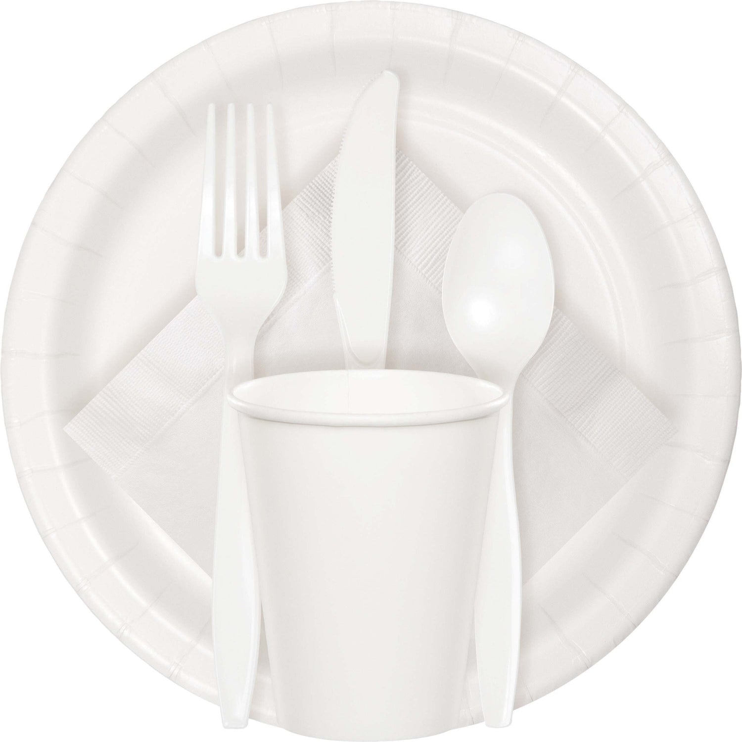White plate, napkin, cutlery and cup