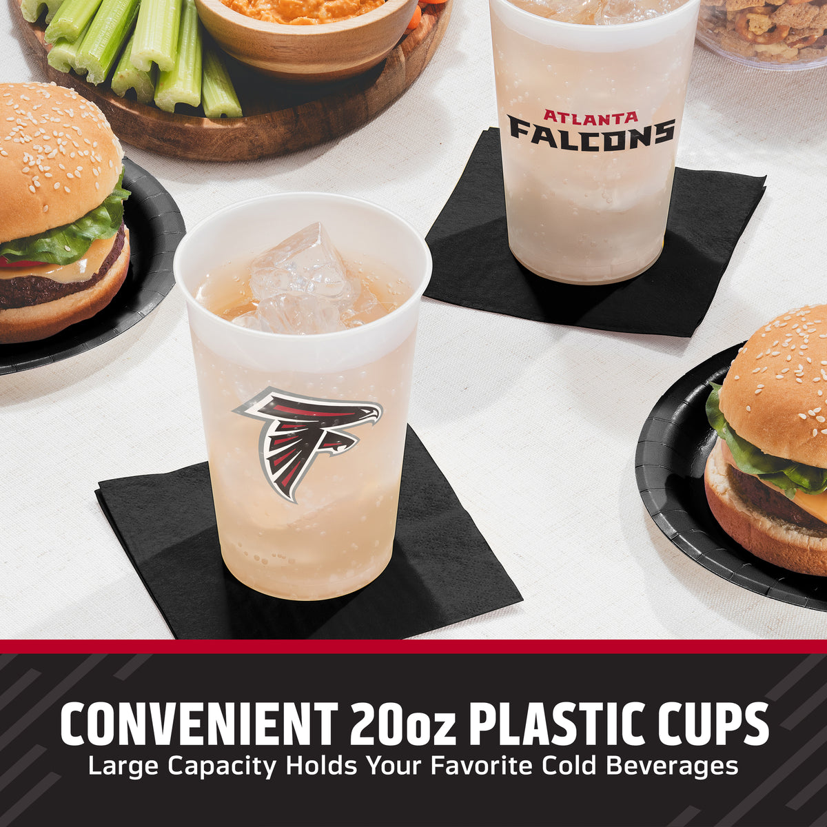 Atlanta Falcons branded 20 oz plastic cups shown on black coasters on a table with burgers, celery, and a drink, plus text at the bottom reading 'CONVENIENT 20oz PLASTIC CUPS Large Capacity Holds Your Favorite Cold Beverages'.