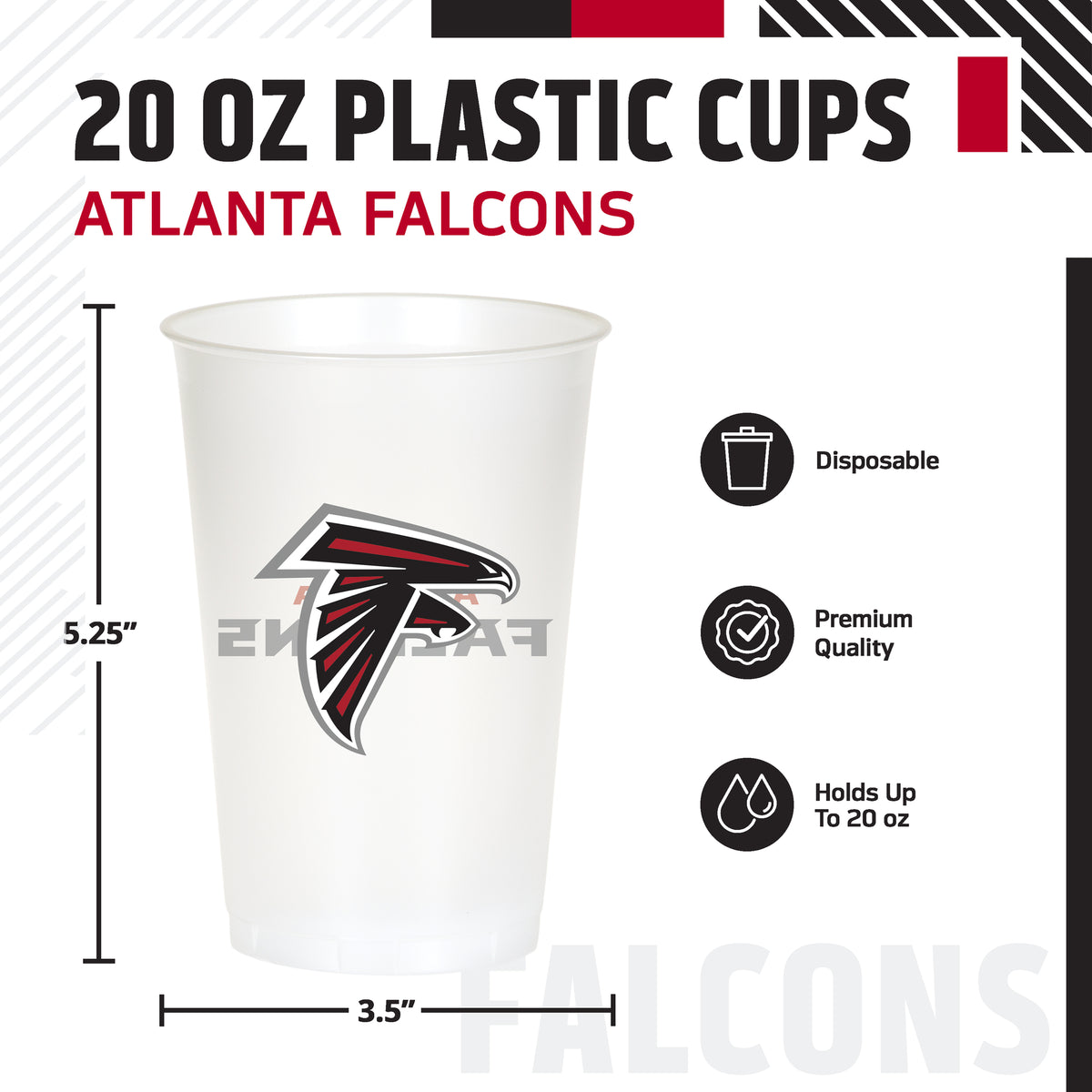 A 20 oz disposable plastic cup featuring the Atlanta Falcons logo, shown with dimension lines indicating 5.25 inches in height and 3.