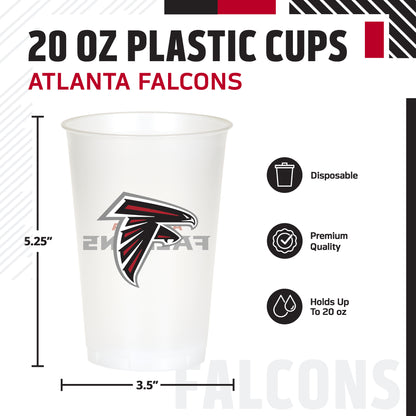 A 20 oz disposable plastic cup featuring the Atlanta Falcons logo, shown with dimension lines indicating 5.25 inches in height and 3.