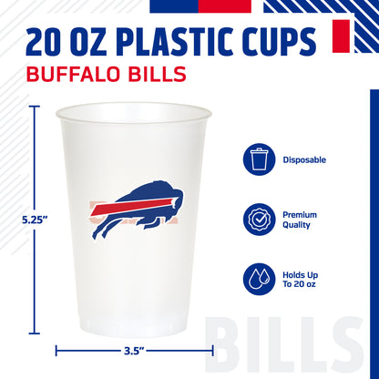 20 oz Buffalo Bills plastic cups with infographic information and product dimensions