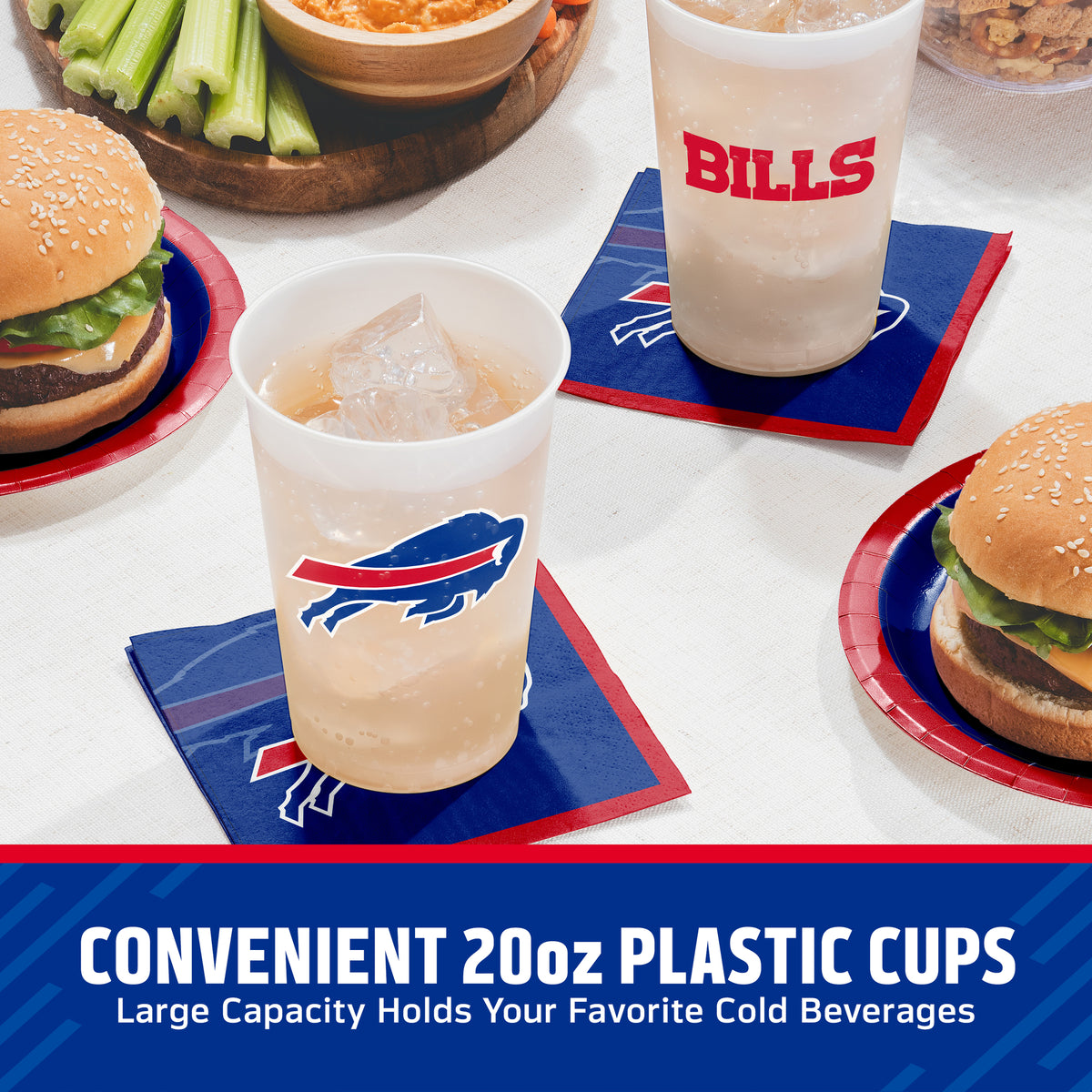 Buffalo Bills cups and napkins on a table filled with food. Banner along the bottom with "Convenient 20oz Plastic Cups" text