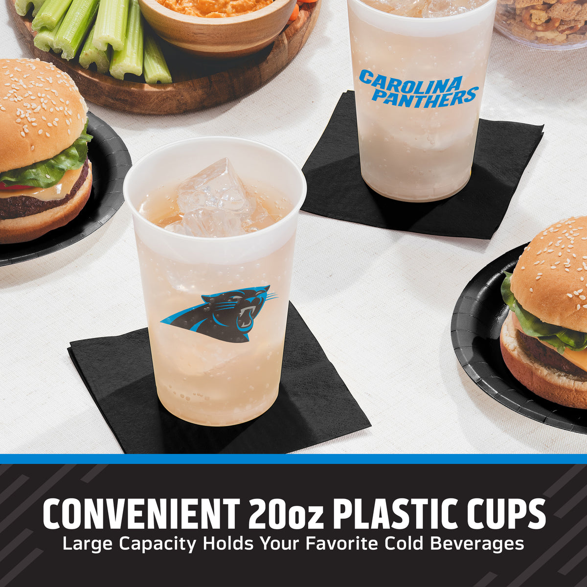 Carolina Panthers cups on a table with surrounded by food with "Convenient 20oz Plastic Cups" text banner along the bottom