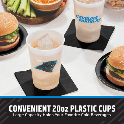 Carolina Panthers cups on a table with surrounded by food with "Convenient 20oz Plastic Cups" text banner along the bottom