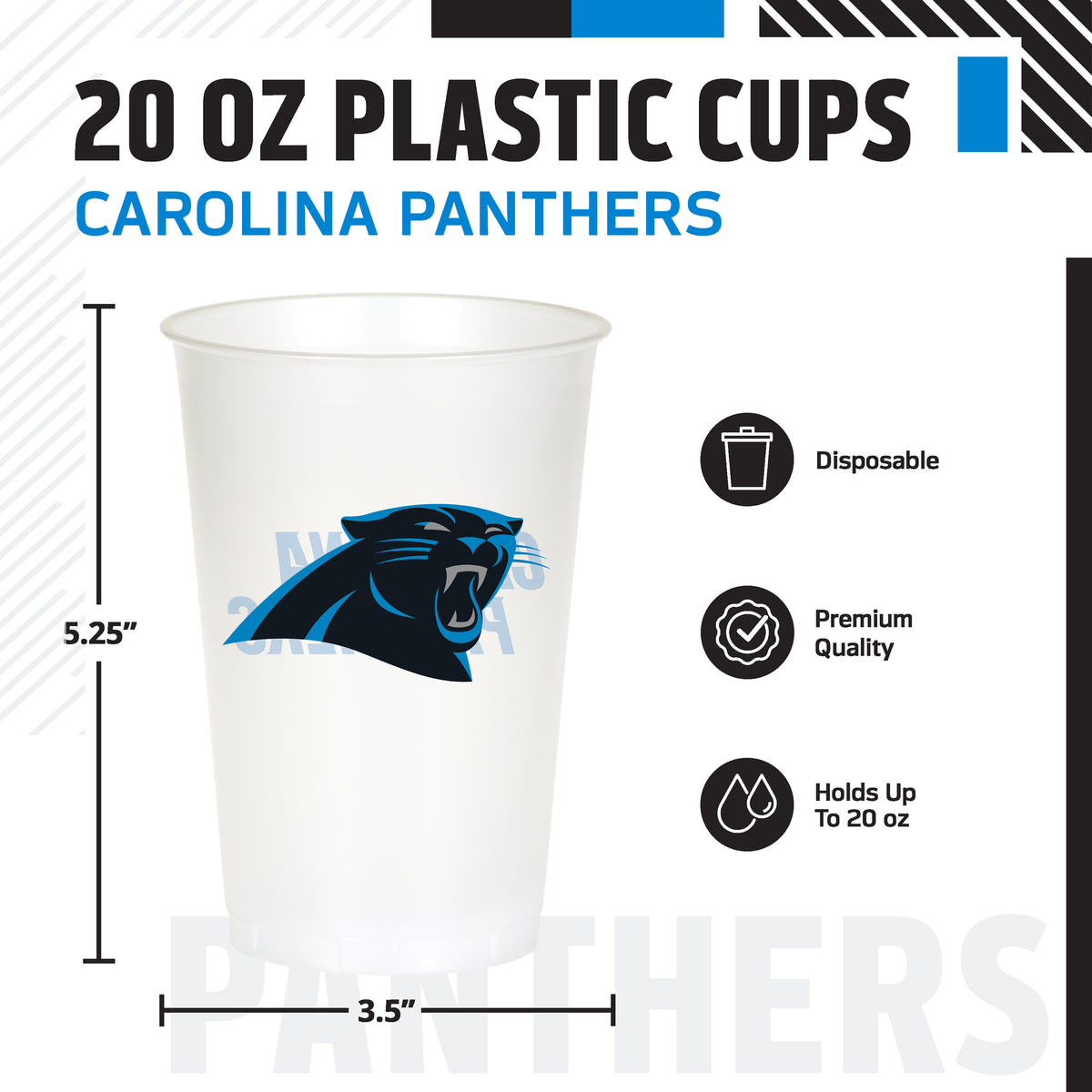 Carolina Panthers 20 oz plastic cups with an infographic and product dimensions