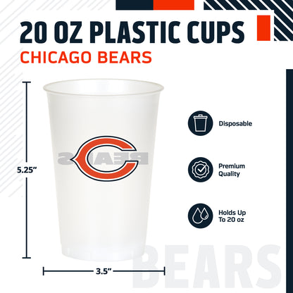 Chicago Bears themed 20oz cup featuring a Chicago Bears logo with 'BEARS' text on the back. The image includes product specifications and feature icons on a white background.