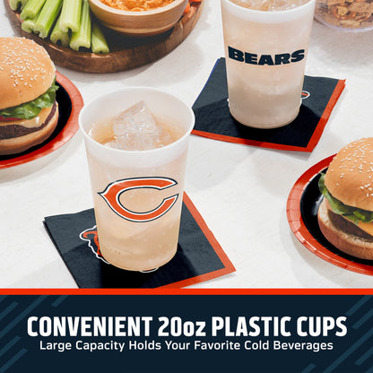 Chicago Bears cups on a table with matching napkins and plates surrounded by food. "Convenient 20oz Plastic Cups" text is featured along the bottom.