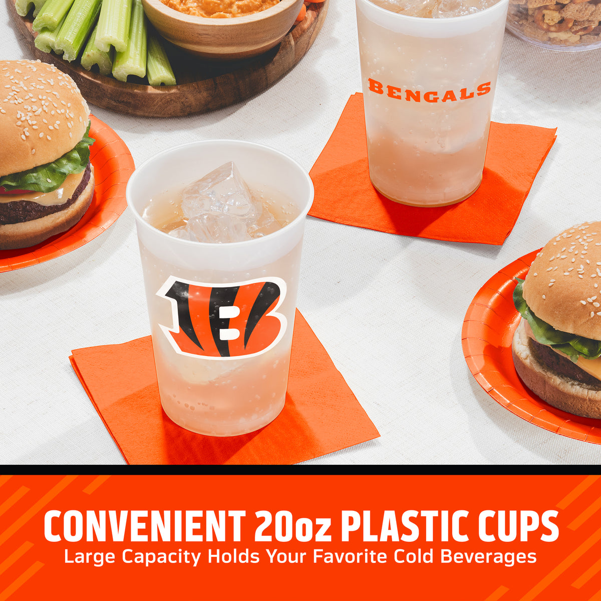 Cincinnati Bengals cups on a table with matching napkins and plates surrounded by food. "Convenient 20oz Plastic Cups" text is featured along the bottom.