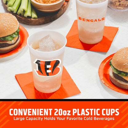 Cincinnati Bengals cups on a table with matching napkins and plates surrounded by food. "Convenient 20oz Plastic Cups" text is featured along the bottom.