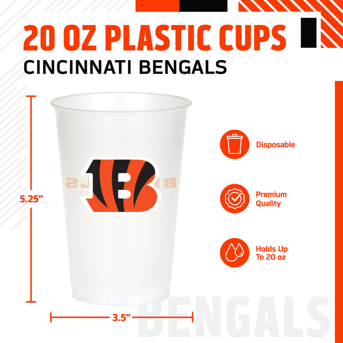 Cincinnati Bengals themed 20oz cup featuring a "B" logo with 'BENGALS' text on the back. The image includes product specifications and feature icons on a white background.