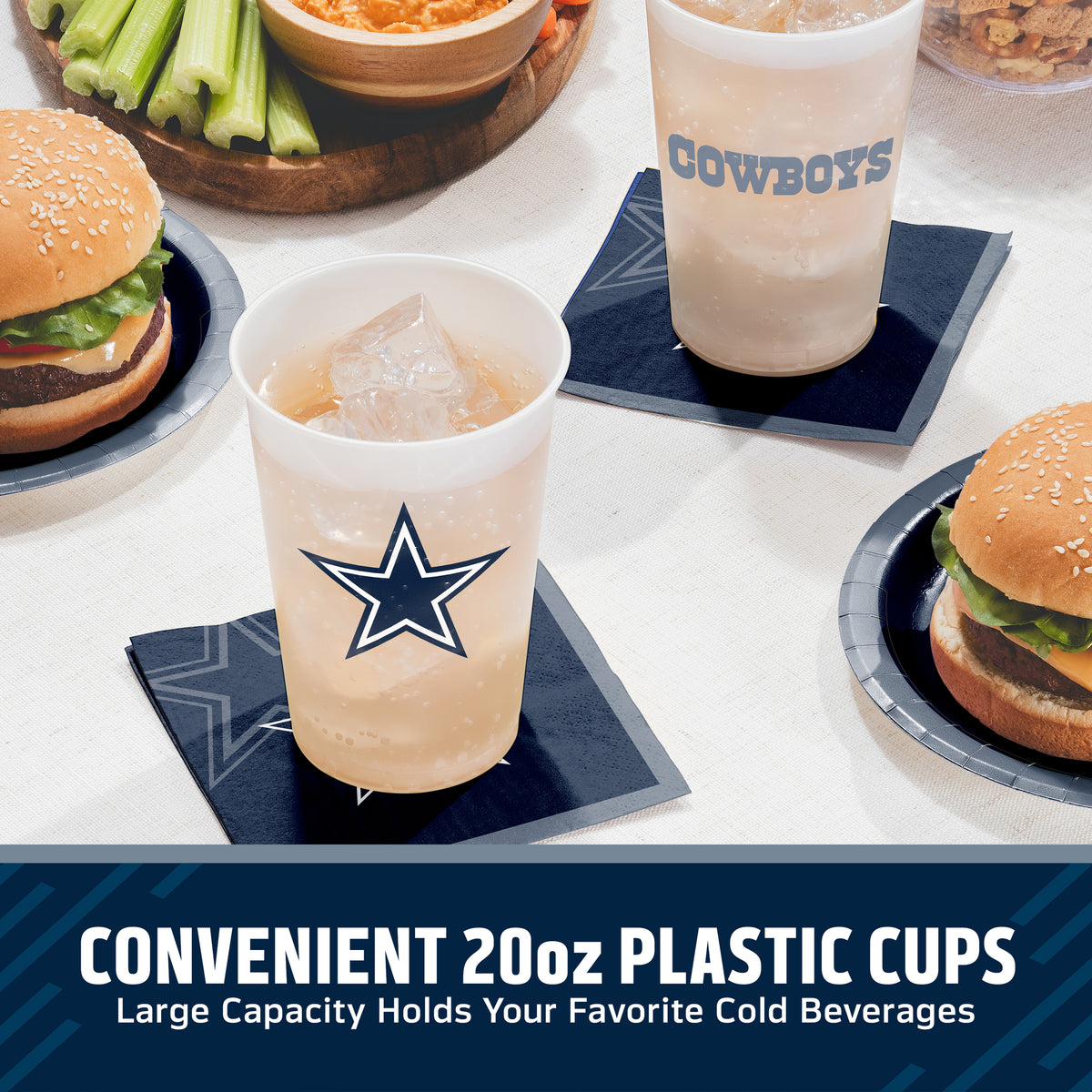 Dallas Cowboys cups on a table with matching napkins and plates surrounded by food. "Convenient 20oz Plastic Cups" text is featured along the bottom.