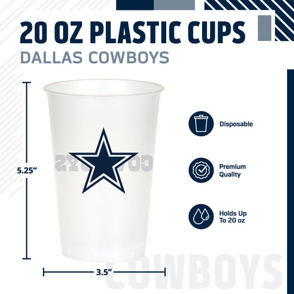 Dallas Cowboys themed 20oz cup featuring a Dallas Cowboys star logo with 'COWBOYS' text on the back. The image includes product specifications and feature icons on a white background.