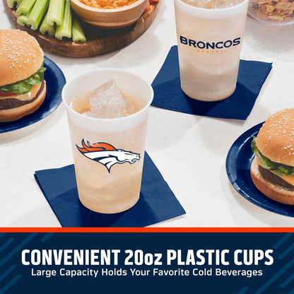 Denver Broncos cups on a table with matching napkins and plates surrounded by food. "Convenient 20oz Plastic Cups" text is featured along the bottom.