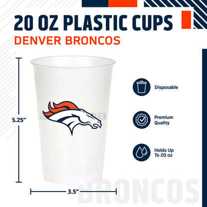 Denver Broncos themed 20oz cup featuring a Broncos logo with 'BRONCOS' text on the back. The image includes product specifications and feature icons on a white background.