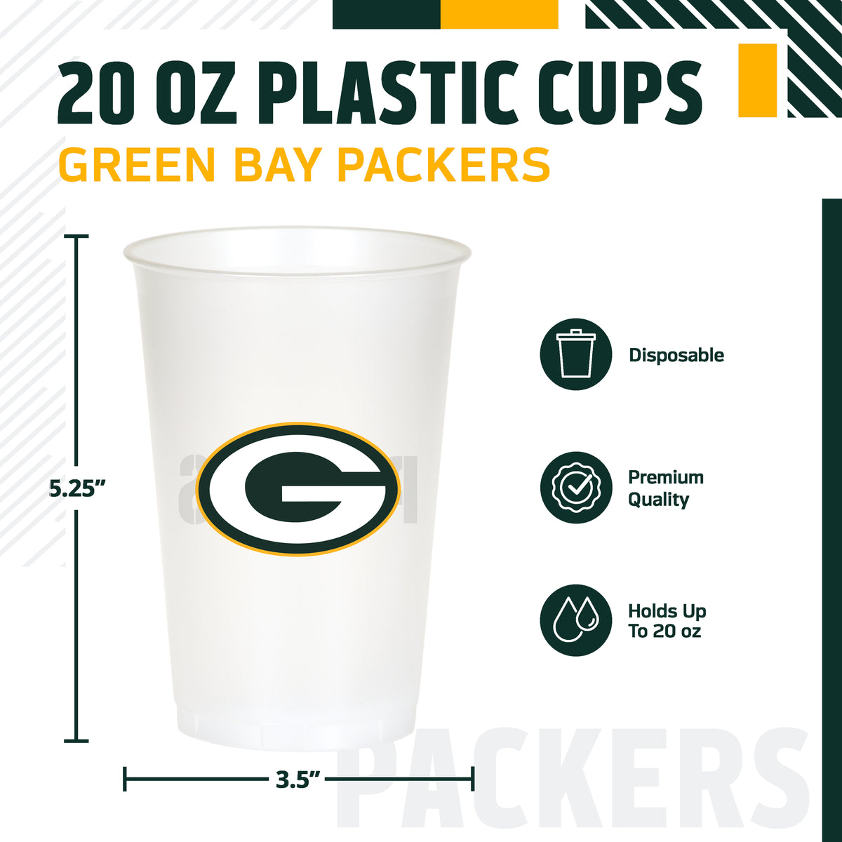 Green Bay Packers themed 20oz cup featuring a green and yellow "G" logo with 'PACKERS' text on the back. The image includes product specifications and feature icons on a white background.