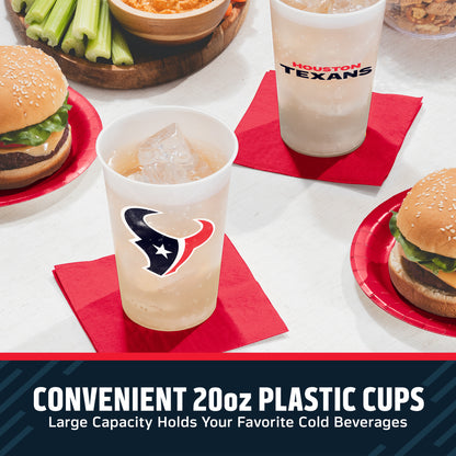 Two Houston Texans branded 20oz plastic cups on red napkins, shown with burgers, celery, and other food around them on a tabletop. A text banner at the bottom reads 'CONVENIENT 20oz PLASTIC CUPS Large Capacity Holds Your Favorite Cold Beverages.