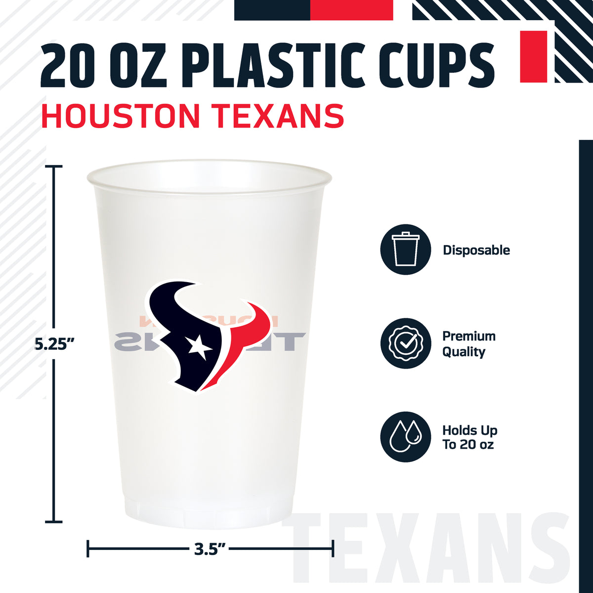 Houston Texans themed 20oz cup featuring a Houston Texans logo with 'HOUSTON TEXANS' text on the back. The image includes product specifications and feature icons on a white background.