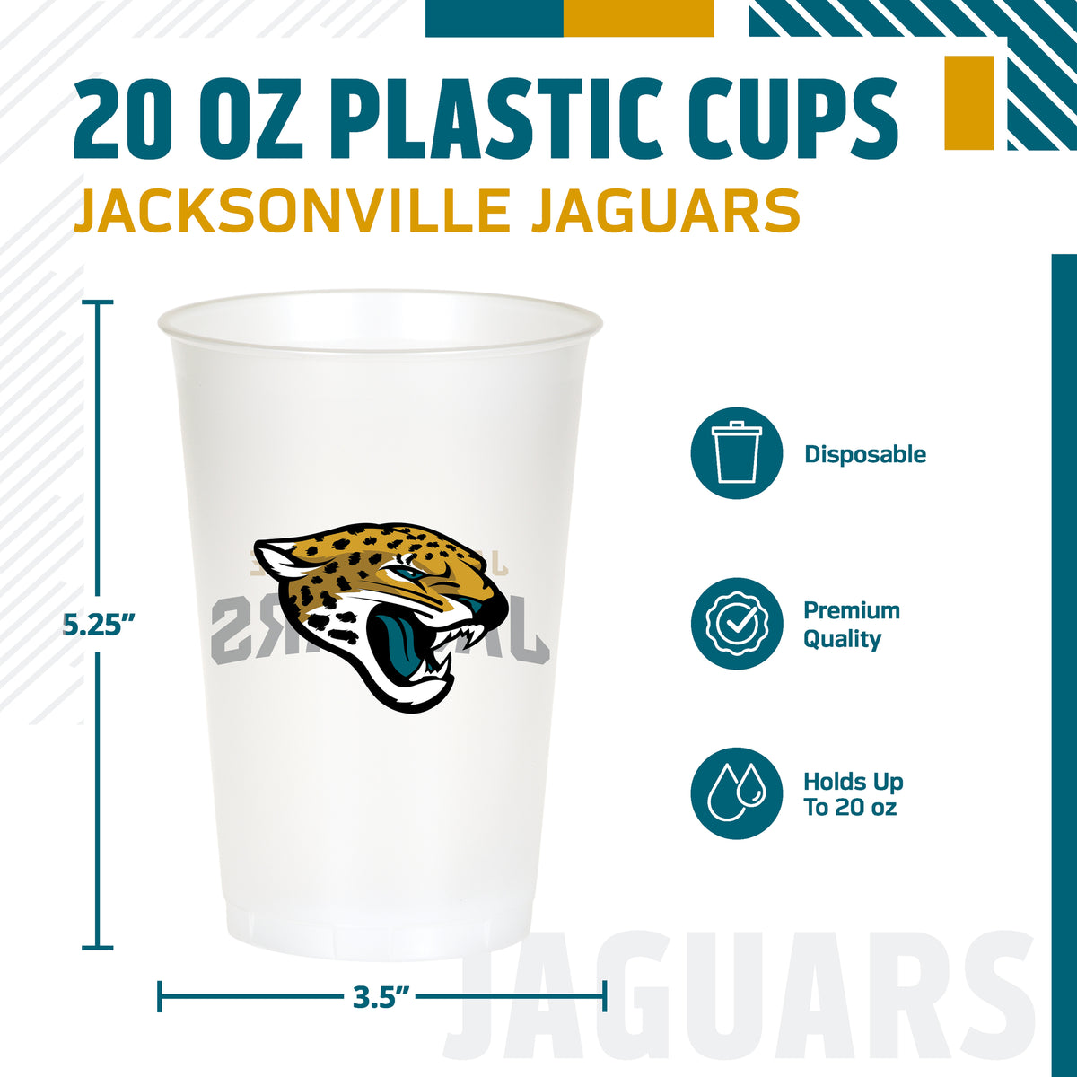 Jacksonville Jaguars themed 20oz cup featuring a jaguars logo with 'JACKSONVILLE JAGUARS' text on the back. The image includes product specifications and feature icons on a white background.