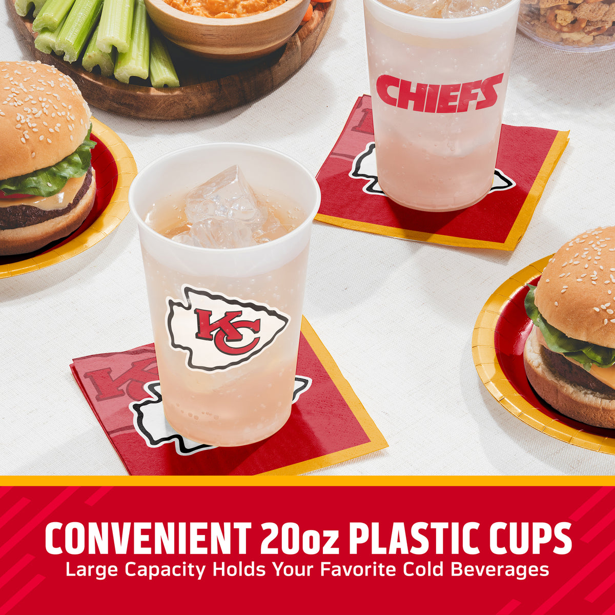 Kansas City Chiefs cups on a table with matching napkins and plates surrounded by food. "Convenient 20oz Plastic Cups" text is featured along the bottom.