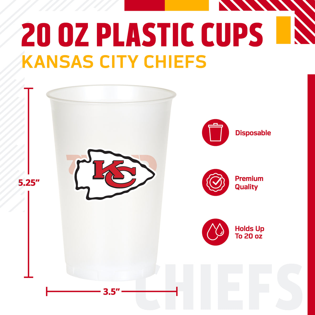 Kansas City Chiefs themed 20oz cup featuring a 'KC' logo with 'CHIEFS' text on the back. The image includes product specifications and feature icons on a white background.