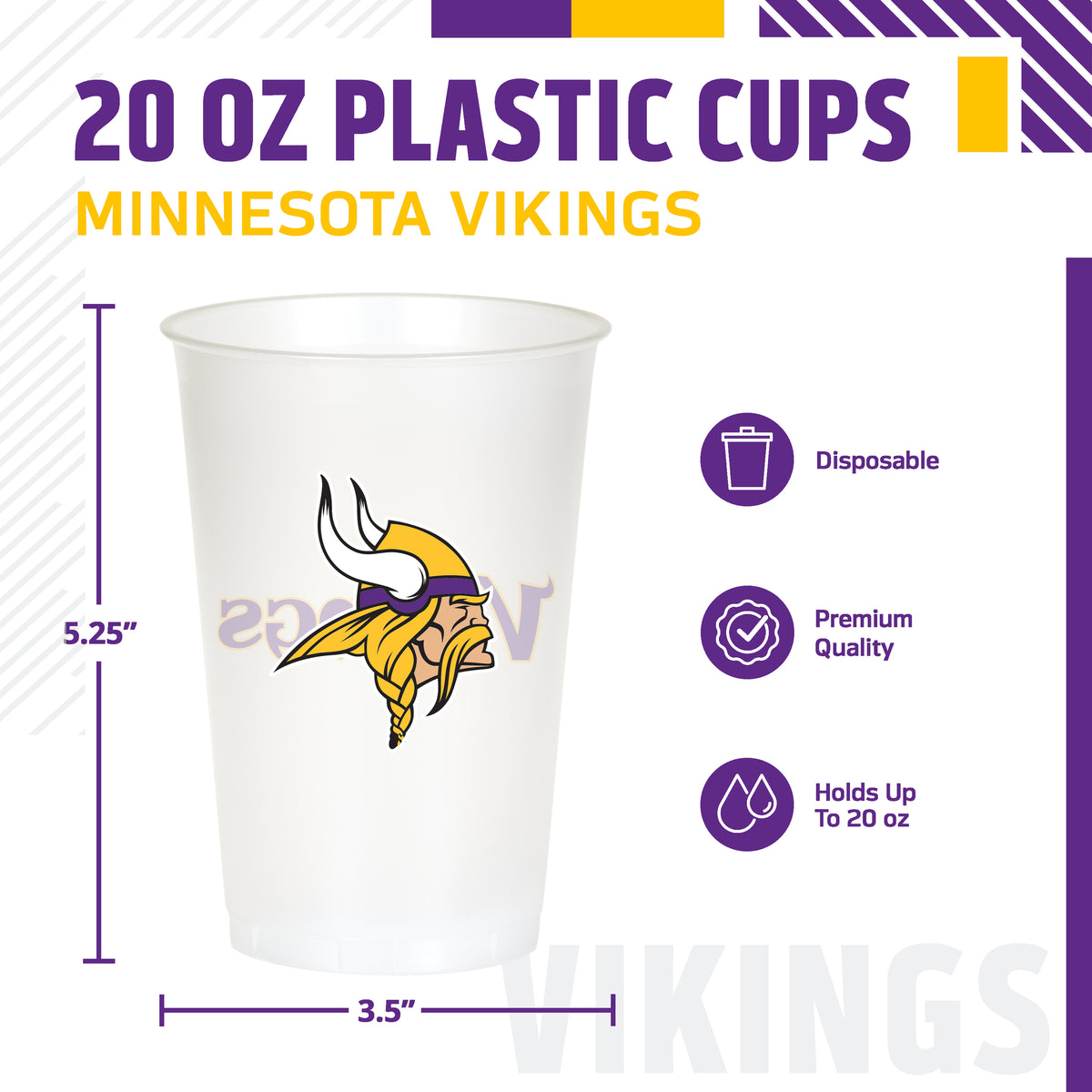 Officially Licensed Minnesota Vikings NFL Football 20 oz Plastic Cups 96 ct Bulk