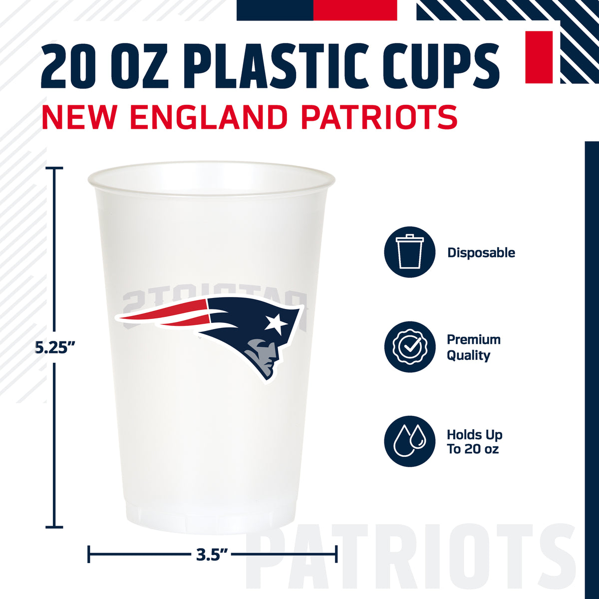 Officially Licensed New England Patriots NFL Football 20 oz Plastic Cups 96 ct Bulk