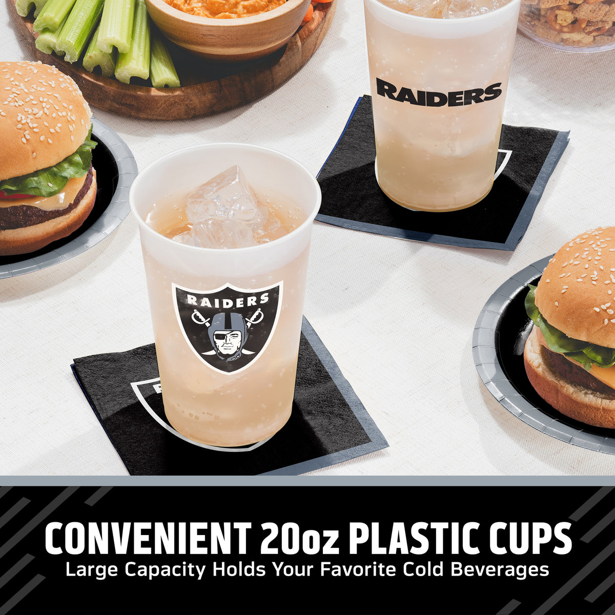 Las Vegas Raiders cups on a table with matching napkins and plates surrounded by food. "Convenient 20oz Plastic Cups" text is featured along the bottom.
