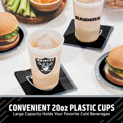Las Vegas Raiders cups on a table with matching napkins and plates surrounded by food. "Convenient 20oz Plastic Cups" text is featured along the bottom.