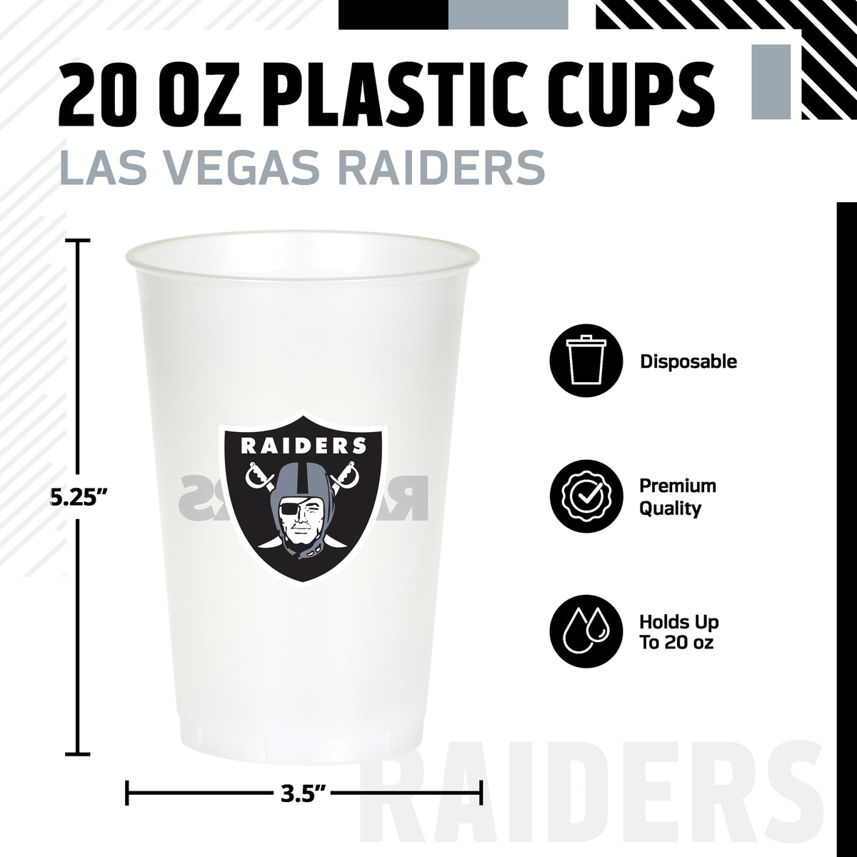 Las Vegas Raiders themed 20oz cup featuring a Raiders logo with 'RAIDERS' text on the back. The image includes product specifications and feature icons on a white background.